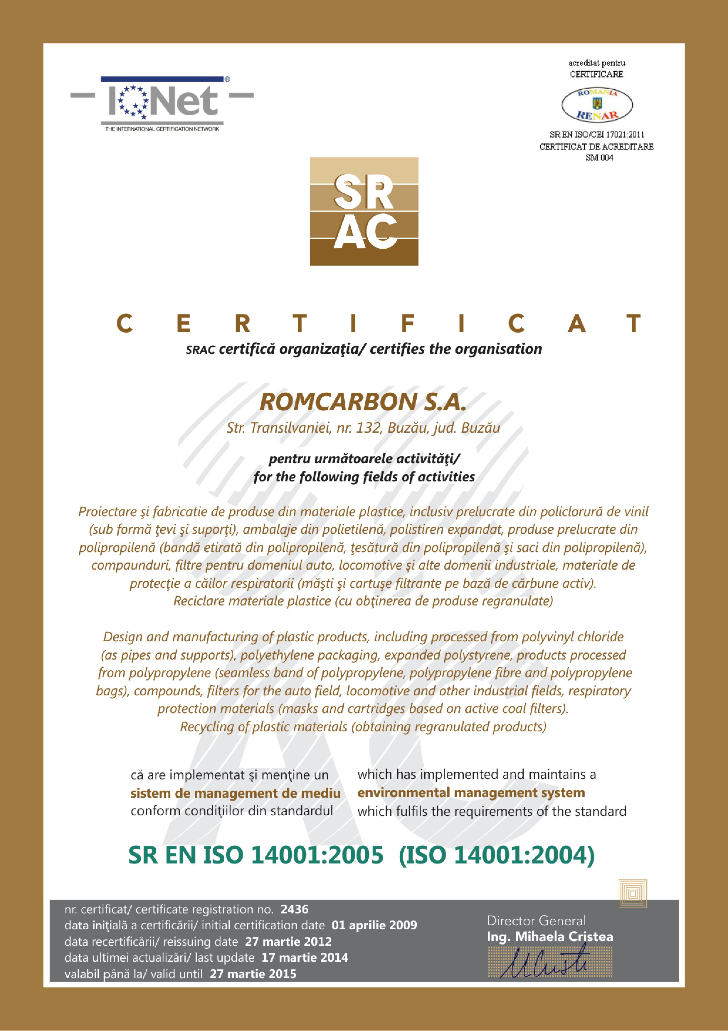 Certificat cf. ISO 14001